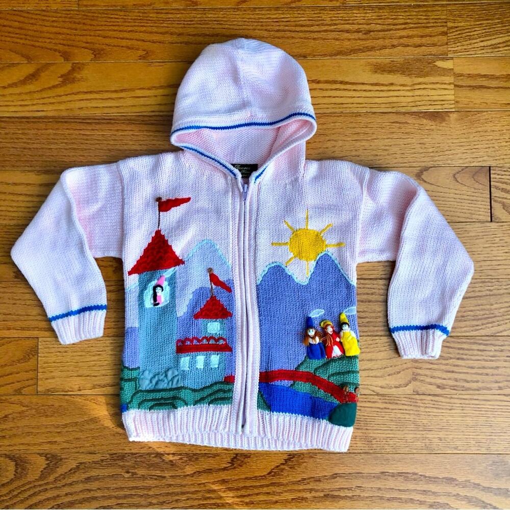Fine Hand Crafter Apparel Appliqués Embroidered Pink Hood Sweater Girl’s Size 4